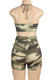 Camouflage Street Camouflage Print Patchwork V Neck Sleeveless Two Pieces