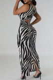 Brown Sexy Striped Hollowed Out Patchwork U Neck Long Dresses