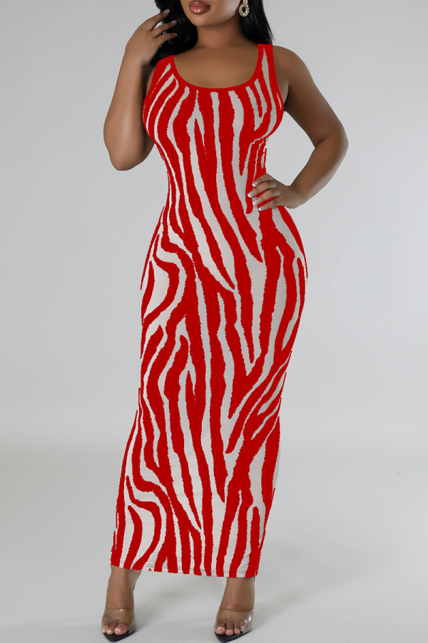 Red Sexy Striped Hollowed Out Patchwork U Neck Long Dresses