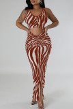 Brown Sexy Striped Hollowed Out Patchwork U Neck Long Dresses
