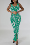 Green Sexy Striped Hollowed Out Patchwork U Neck Long Dresses