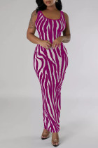 Purple Sexy Striped Hollowed Out Patchwork U Neck Long Dresses
