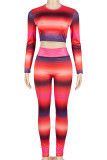 Red Street Gradient Patchwork O Neck Long Sleeve Two Pieces