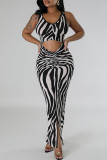 Black Sexy Striped Hollowed Out Patchwork U Neck Long Dresses