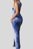 Blue Elegant Print Patchwork Slit O Neck Long Dresses