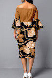 Brown Elegant Print Patchwork Backless Off the Shoulder Wrapped Skirt Dresses