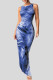 Blue Elegant Print Patchwork Slit O Neck Long Dresses