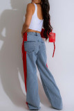 Red Street Color Block Patchwork Buttons Zipper High Waist Loose Denim Jeans