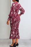 Burgundy Elegant Print Patchwork Frenulum V Neck Trumpet Mermaid Dresses