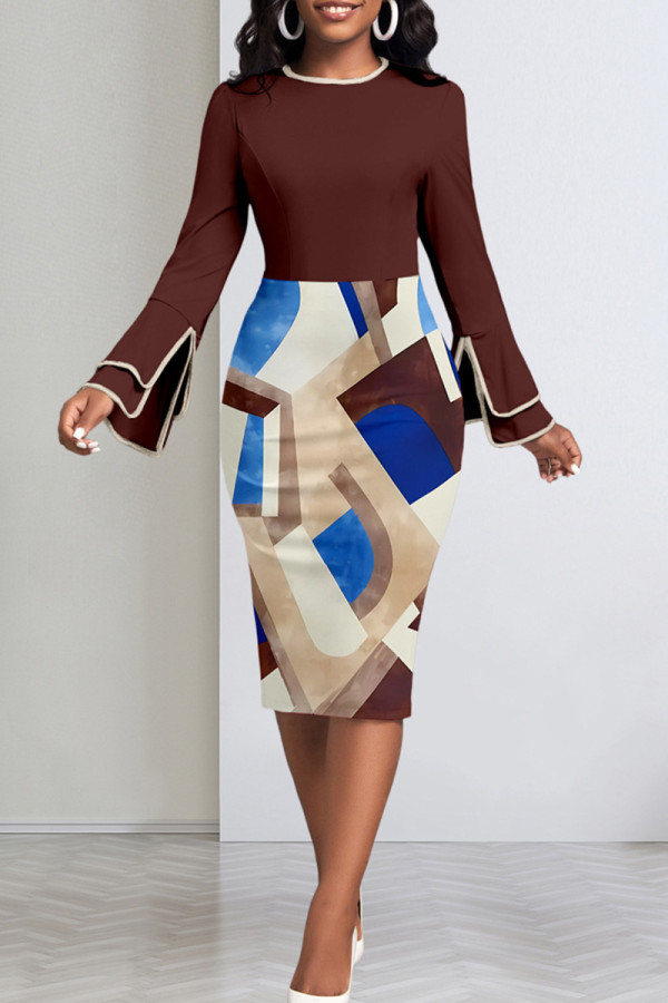 Brown Sexy Print Patchwork Slit Zipper O Neck Princess Dresses