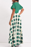 Green Elegant Dot Patchwork V Neck A Line Plus Size Dresses