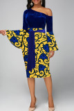 Blue Elegant Print Bandage Patchwork Slit Oblique Collar Wrapped Skirt Dresses