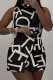 Black Elegant Print Patchwork Buckle Mandarin Collar Wrapped Skirt Plus Size Dresses