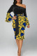 Black Elegant Print Bandage Patchwork Slit Oblique Collar Wrapped Skirt Dresses