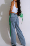Green Street Color Block Patchwork Buttons Zipper High Waist Loose Denim Jeans