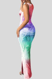 Blue Elegant Print Patchwork Slit O Neck Long Dresses