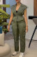 Army Green Street Solid Patchwork Pocket Buttons Zipper Cardigan Collar Sleeveless Two Pieces