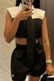 Black And White Street Patchwork Buckle Shirt Collar Tops