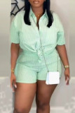 Pink Casual Striped Patchwork Buckle Shirt Collar Half Sleeve Two Pieces