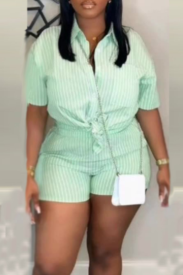 Green Casual Striped Patchwork Buckle Shirt Collar Half Sleeve Two Pieces