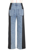 Red Street Color Block Patchwork Buttons Zipper High Waist Loose Denim Jeans