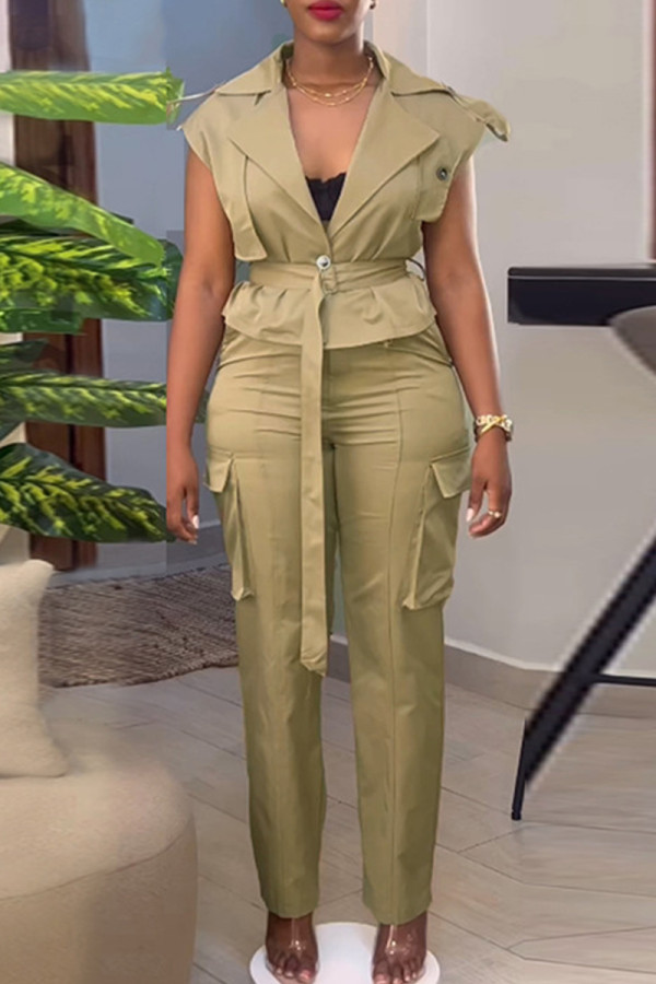 Khaki Street Solid Patchwork Pocket Buttons Zipper Cardigan Collar Sleeveless Two Pieces