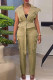 Khaki Street Solid Patchwork Pocket Buttons Zipper Cardigan Collar Sleeveless Two Pieces