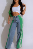 Green Street Color Block Patchwork Buttons Zipper High Waist Loose Denim Jeans