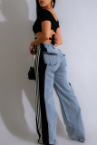 Black Street Color Block Patchwork Buttons Zipper High Waist Loose Denim Jeans