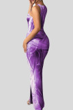 Light Purple Elegant Print Patchwork Slit O Neck Long Dresses