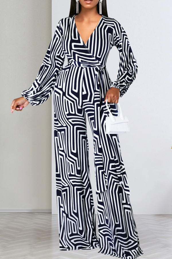 Black Casual Print Bandage Patchwork V Neck Loose Jumpsuits