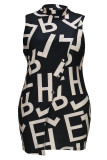 Black Elegant Print Patchwork Buckle Mandarin Collar Wrapped Skirt Plus Size Dresses