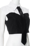 Black And White Street Patchwork Buckle Shirt Collar Tops