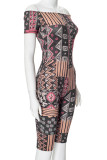 Colour Street Print Patchwork Backless Off the Shoulder Skinny Rompers