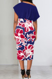 Blue Street Print Patchwork Slit Oblique Collar Wrapped Skirt Dresses