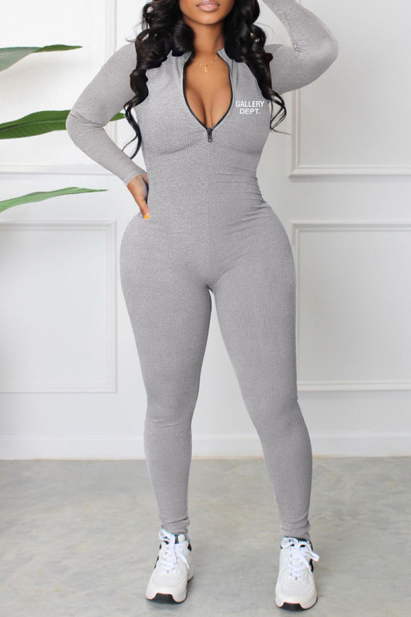 Light Gray Casual Print Patchwork Zipper Zipper Collar Skinny Jumpsuits