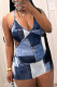 Blue Street Print Hollowed Out Patchwork Halter Wrapped Skirt Dresses