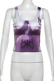 Purple Casual Print Patchwork U Neck Tops