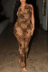 Brown Street Print Bandage Patchwork Backless Halter Regular Jumpsuits
