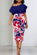 Blue Street Print Patchwork Slit Oblique Collar Wrapped Skirt Dresses