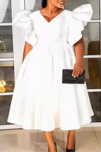 White Elegant Solid Patchwork V Neck A Line Plus Size Dresses