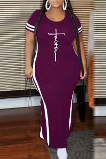 Purple Elegant Print Patchwork Slit Contrast O Neck Long Plus Size Dresses