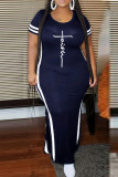 Navy Blue Elegant Print Patchwork Slit Contrast O Neck Long Plus Size Dresses
