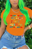 Orange Fashion Printing O Neck Tops
