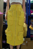 Yellow Sweet Solid Patchwork Draw String Pocket Zipper Straight Mid Waist Straight Patchwork Bottoms