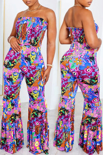 Multicolor Street Print Patchwork Backless Strapless Plus Size Jumpsuits