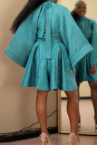 Light Blue Sweet Solid Bandage Patchwork Backless Fold Turtleneck A Line Dresses