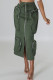 Olive Green Sweet Solid Patchwork Draw String Pocket Zipper Straight Mid Waist Straight Patchwork Bottoms