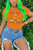 Orange Fashion Printing O Neck Tops