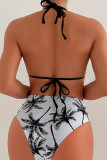White Sportswear Print Bandage Patchwork Swimwears